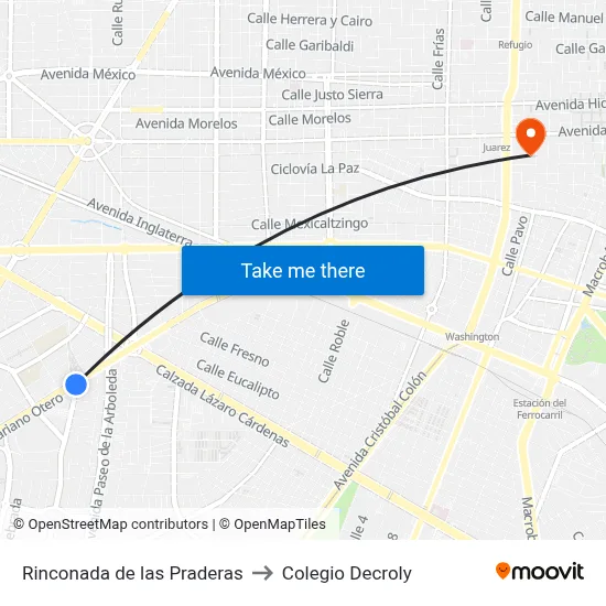 Rinconada de las Praderas to Colegio Decroly map