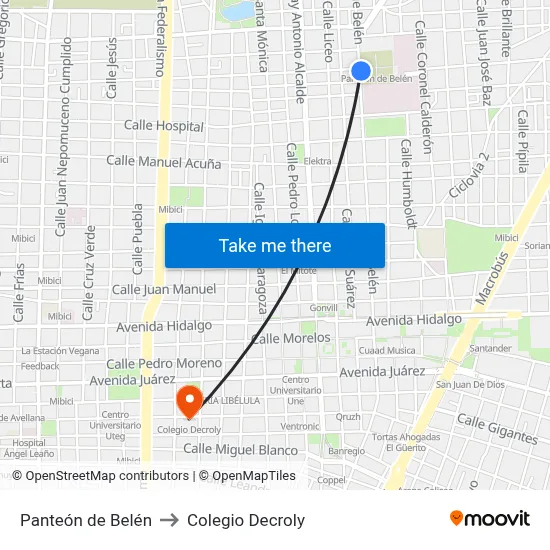 Panteón de Belén to Colegio Decroly map