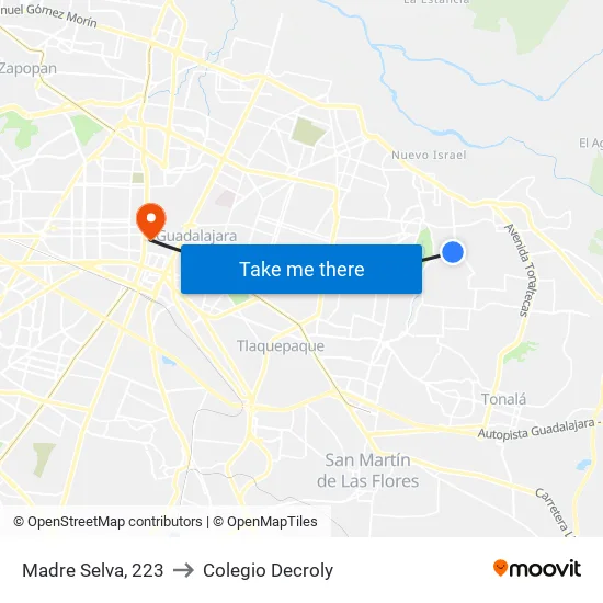 Madre Selva, 223 to Colegio Decroly map