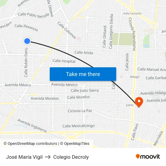 José María Vigil to Colegio Decroly map