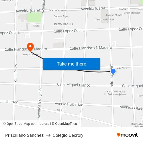 Prisciliano Sánchez to Colegio Decroly map