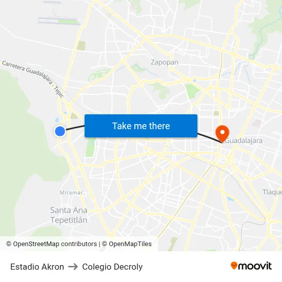 Estadio Akron to Colegio Decroly map