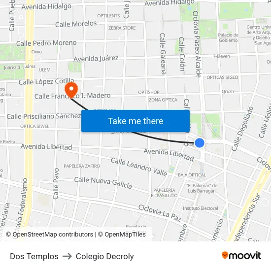 Dos Templos to Colegio Decroly map