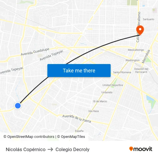 Nicolás Copérnico to Colegio Decroly map