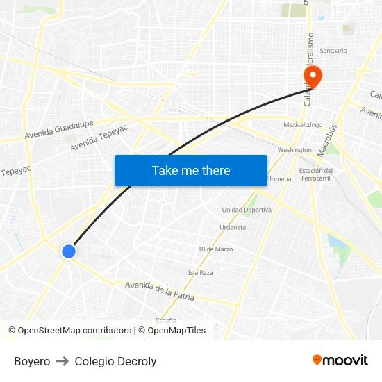 Boyero to Colegio Decroly map