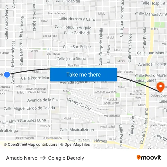 Amado Nervo to Colegio Decroly map