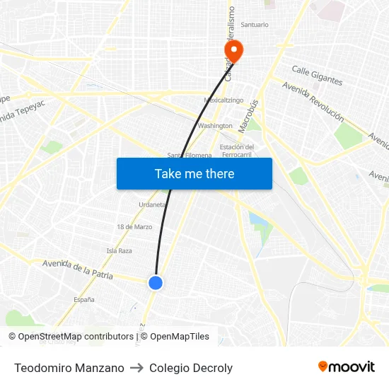 Teodomiro Manzano to Colegio Decroly map