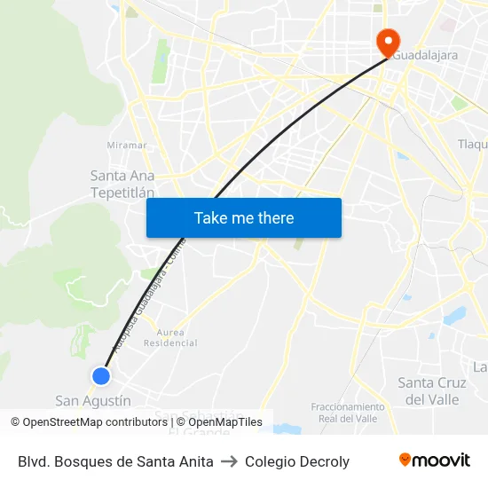 Blvd. Bosques de Santa Anita to Colegio Decroly map