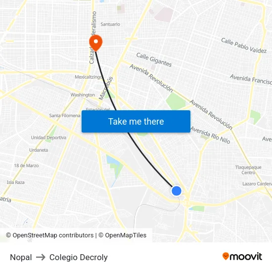 Nopal to Colegio Decroly map