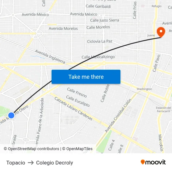 Topacio to Colegio Decroly map