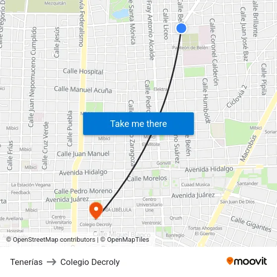 Tenerías to Colegio Decroly map