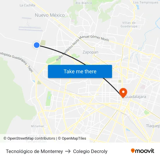 Tecnológico de Monterrey to Colegio Decroly map