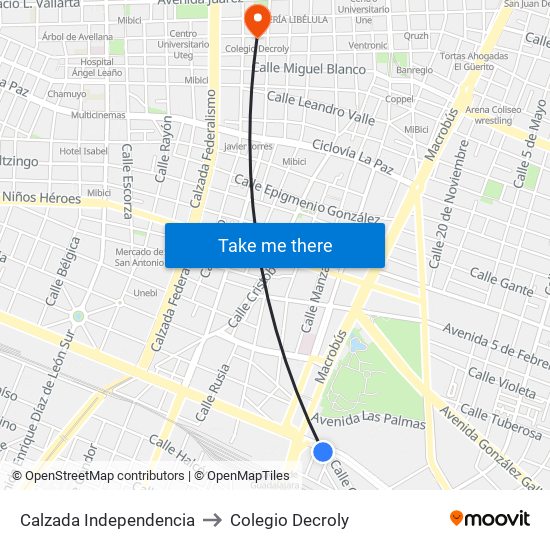 Calzada Independencia to Colegio Decroly map