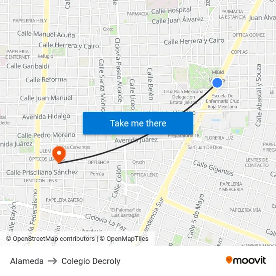 Alameda to Colegio Decroly map