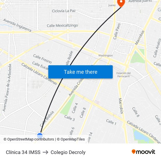 Clínica 34 IMSS to Colegio Decroly map