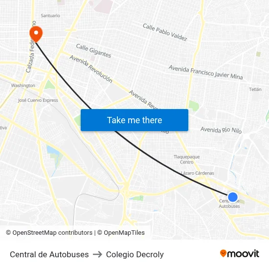 Central de Autobuses to Colegio Decroly map