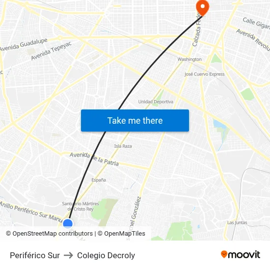 Periférico Sur to Colegio Decroly map