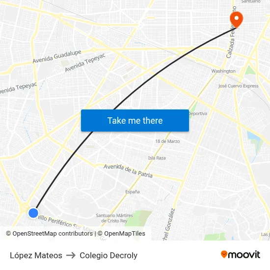 López Mateos to Colegio Decroly map