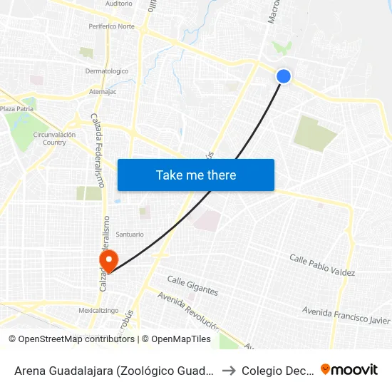 Arena Guadalajara (Zoológico Guadalajara) to Colegio Decroly map