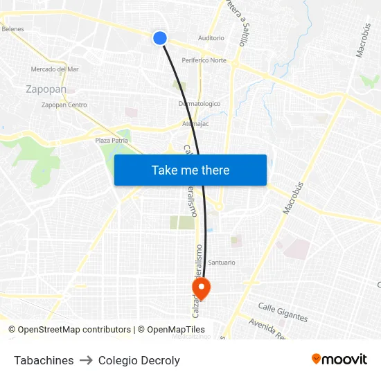 Tabachines to Colegio Decroly map
