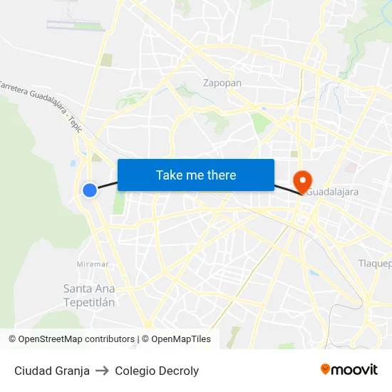 Ciudad Granja to Colegio Decroly map