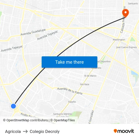 Agrícola to Colegio Decroly map