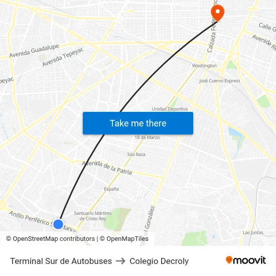 Terminal Sur de Autobuses to Colegio Decroly map