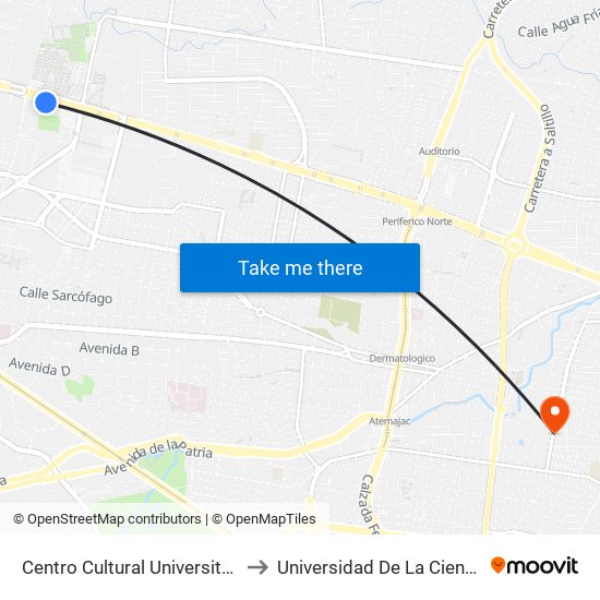 Centro Cultural Universitario to Universidad De La Cienega map