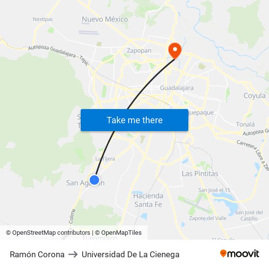 Ramón Corona to Universidad De La Cienega map