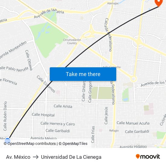 Av. México to Universidad De La Cienega map