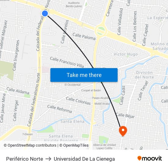 Periférico Norte to Universidad De La Cienega map