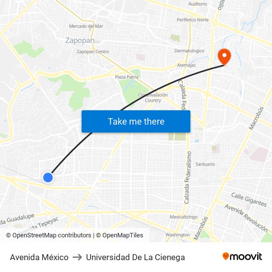 Avenida México to Universidad De La Cienega map