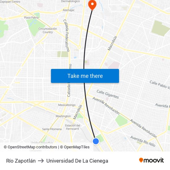 Río Zapotlán to Universidad De La Cienega map