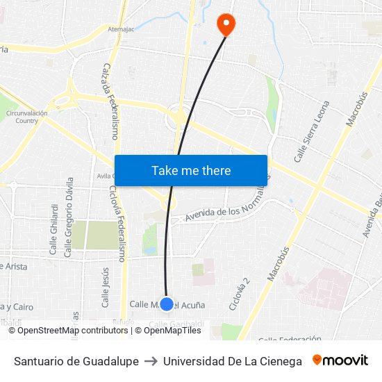 Santuario de Guadalupe to Universidad De La Cienega map