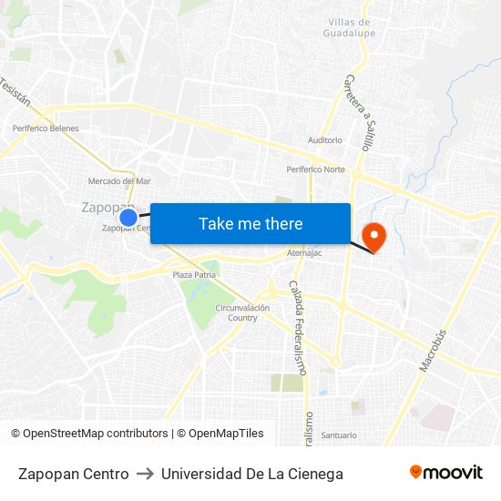 Zapopan Centro to Universidad De La Cienega map