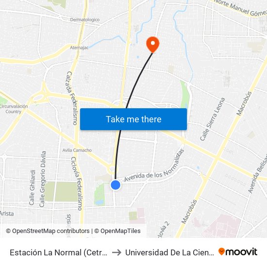 Estación La Normal (Cetram) to Universidad De La Cienega map