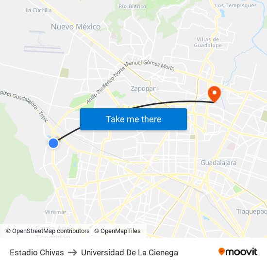 Estadio Chivas to Universidad De La Cienega map