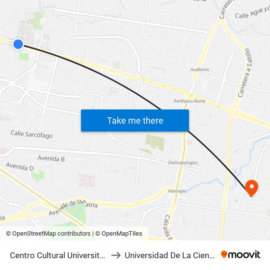 Centro Cultural Universitario to Universidad De La Cienega map