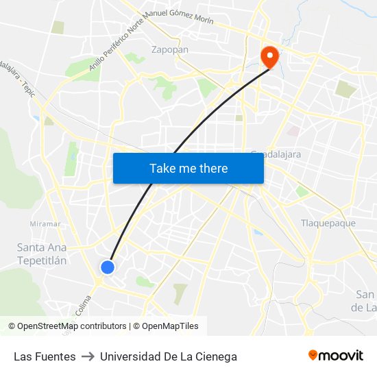 Las Fuentes to Universidad De La Cienega map
