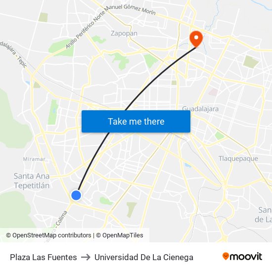 Plaza Las Fuentes to Universidad De La Cienega map