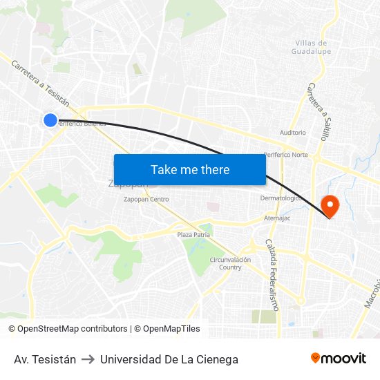 Av. Tesistán to Universidad De La Cienega map