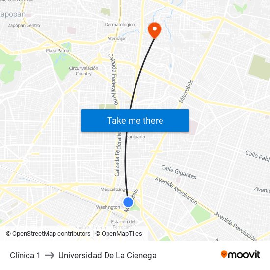 Clínica 1 to Universidad De La Cienega map