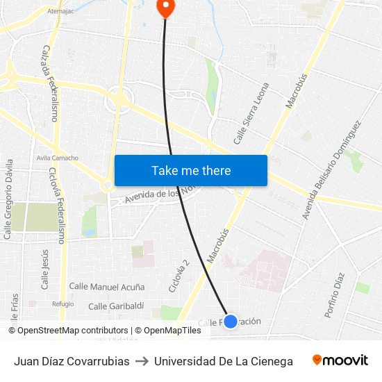 Juan Díaz Covarrubias to Universidad De La Cienega map