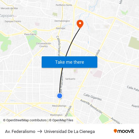 Av. Federalismo to Universidad De La Cienega map