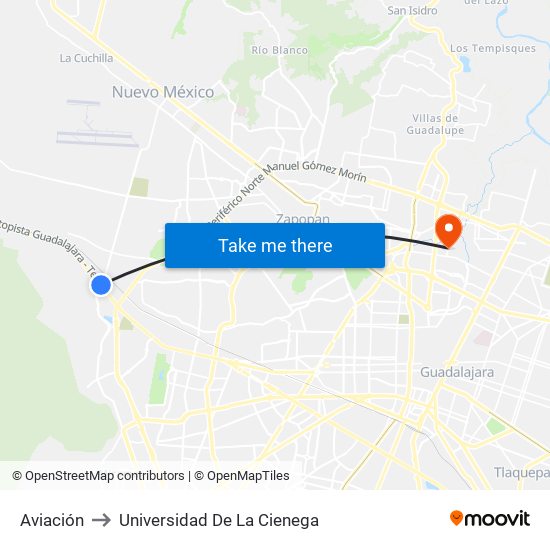 Aviación to Universidad De La Cienega map