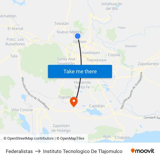 Federalistas to Instituto Tecnologico De Tlajomulco map