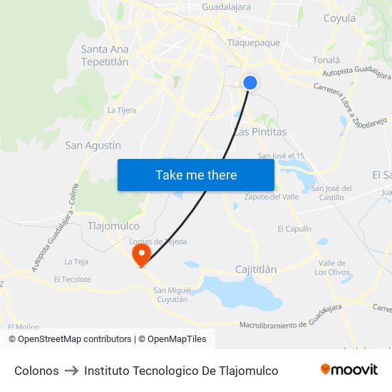 Colonos to Instituto Tecnologico De Tlajomulco map