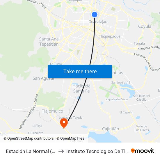 Estación La Normal (Cetram) to Instituto Tecnologico De Tlajomulco map