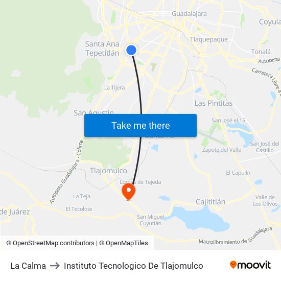 La Calma to Instituto Tecnologico De Tlajomulco map