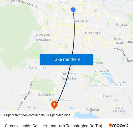 Circunvalación Country to Instituto Tecnologico De Tlajomulco map